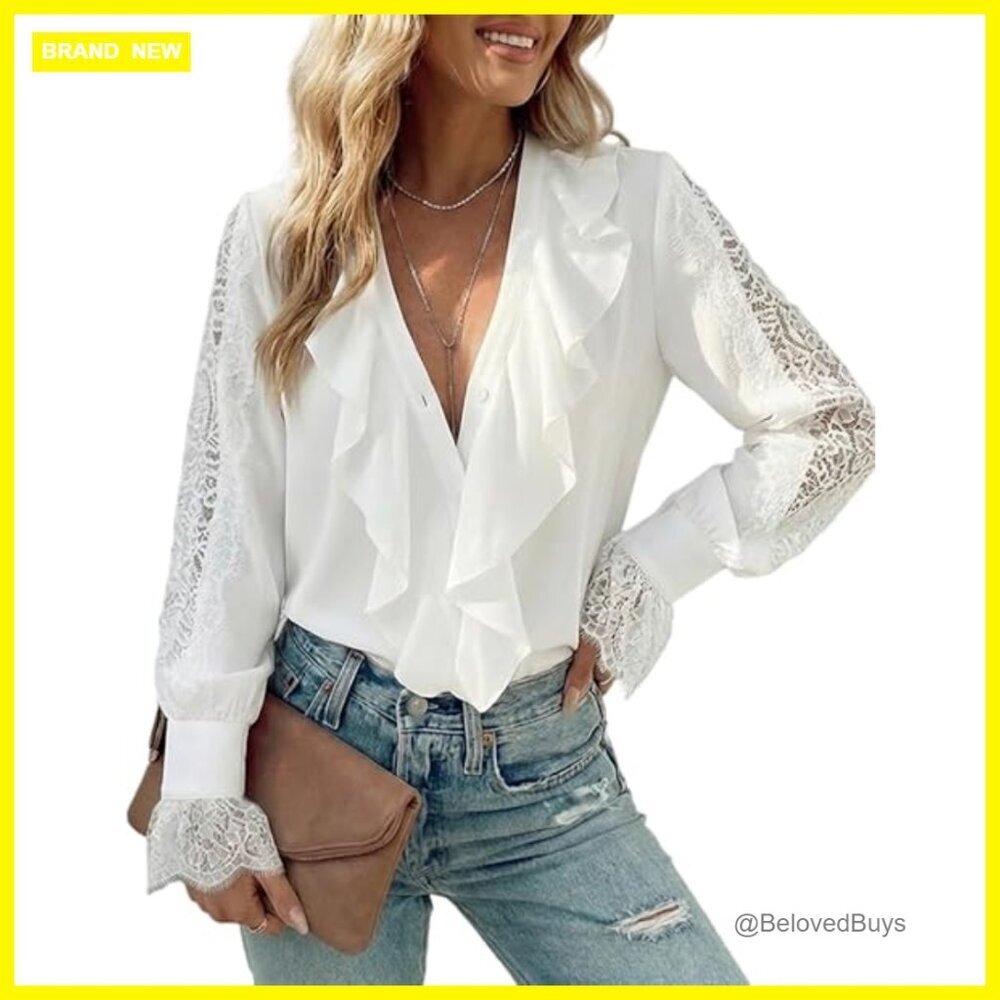 Long Sleeve V-Neck Blouse with Lace Ruffle Sleeves Button Down Top